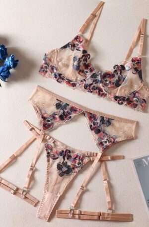 Another view of a floral embroidered lingerie set with cream trim, displaying the delicate design and elegant details from a different angle.