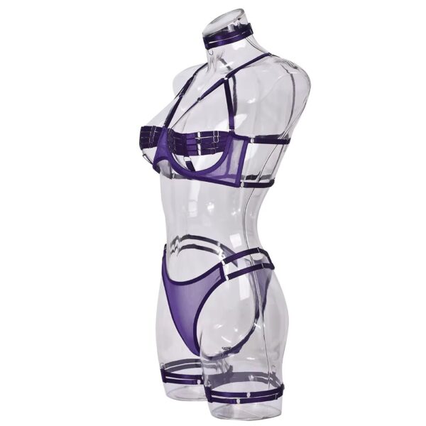 Full view of the lingerie set displayed on a mannequin, showcasing the sexy and bold design in a different variant of the purple semi-transparent set.