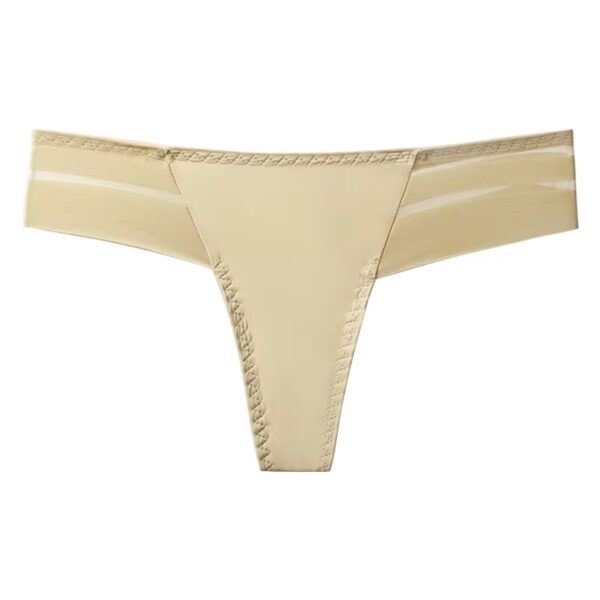 Beig semi-transparent Brazilian thong, highlighting the delicate and romantic design with sheer fabric