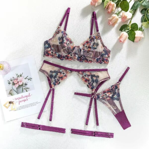 Another angle of a floral embroidered lingerie set with purple trim, highlighting the intricate design and seductive details.