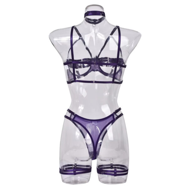 Full view of the purple semi-transparent lingerie set on a mannequin, showcasing a variant design of the bra, thong, garter belt, and collar.