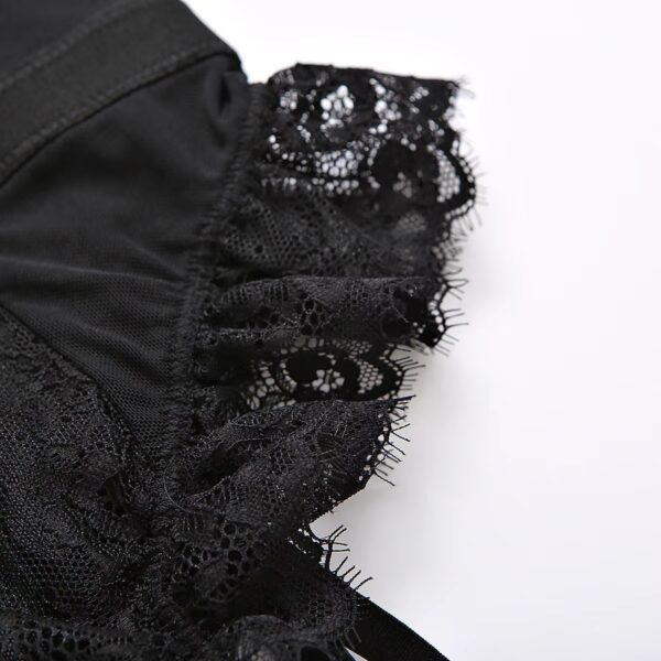 Close-up of the frills on the black bodysuit, highlighting the romantic and elegant design with delicate fabric details.