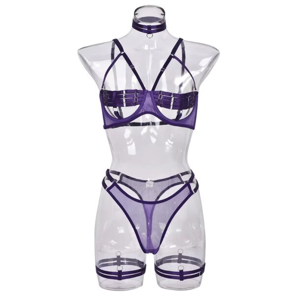 Full view of the purple semi-transparent lingerie set displayed on a mannequin, including the bra, thong, garter belt, and collar for a bold look.