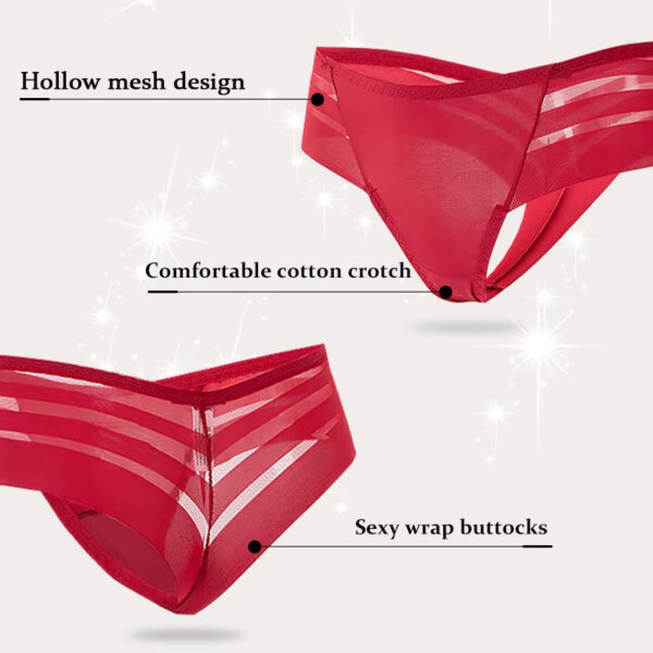 Red semi-transparent Brazilian thong, highlighting the delicate and romantic design with sheer fabric