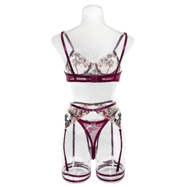 Alternative angle of a floral embroidered lingerie set with purple trim, emphasizing the bold and sensual details of the design.