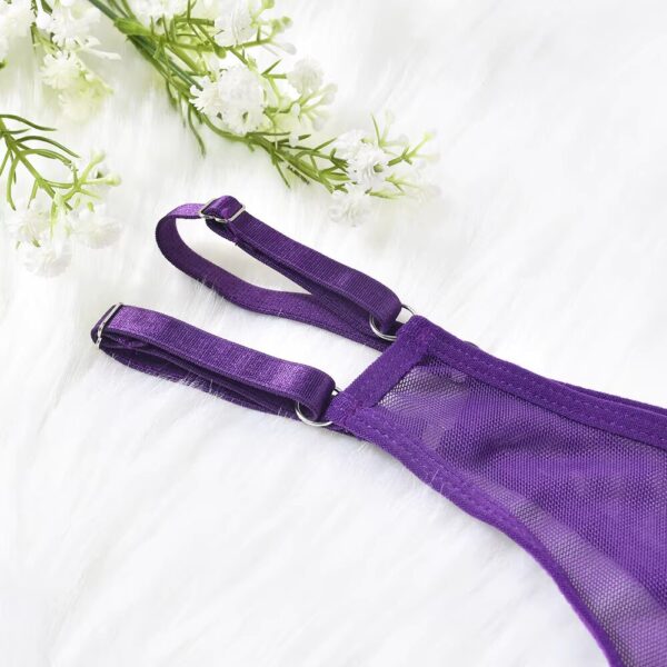 Close-up of the purple thong, highlighting its sexy and daring design as part of the semi-transparent lingerie set.