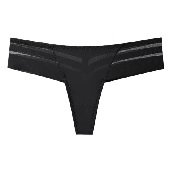 Black semi-transparent Brazilian thong, highlighting the delicate and romantic design with sheer fabric for a sexy and flattering fit.